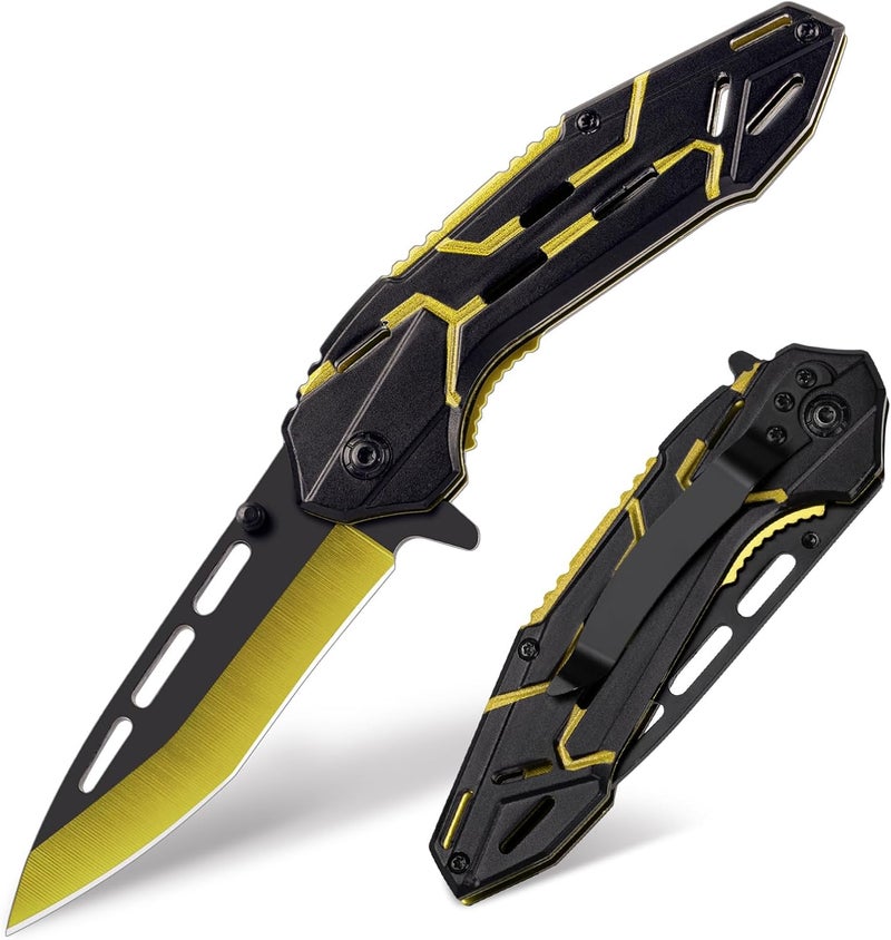 FUNBRO Pocket Knife for Men, Cool Folding Knife with 3.4” Stainless Steel Sharp Blade, Flipper Open EDC Knives with Clip for Outdoor Camping Hiking, Gifts for Dad Him Husband (Gold) - Image 1
